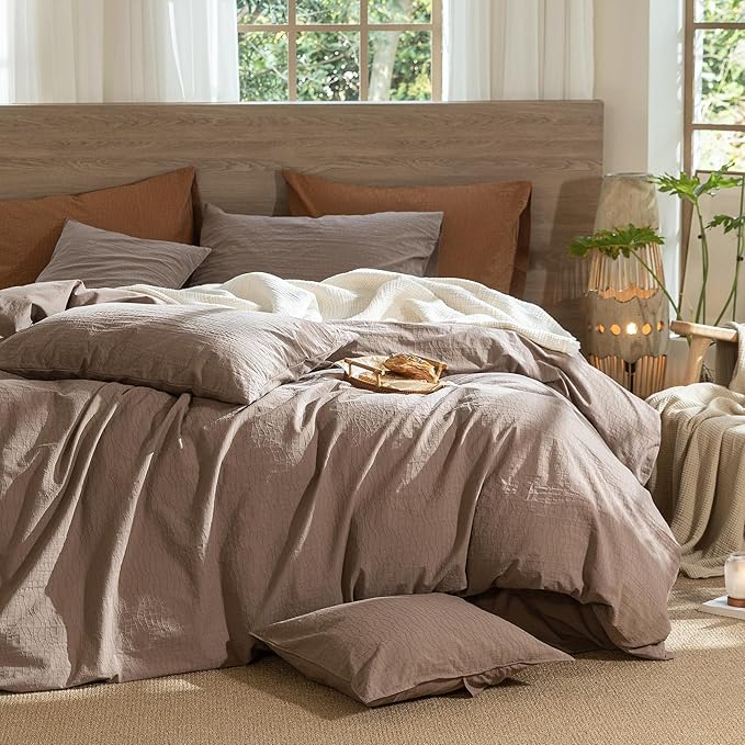 MooMee Wavy Striped Duvet Cover Set 100% Washed Cotton Linen Like Textured Breathable Durable Soft Comfy (Brown, Oversized Queen 98"x98")