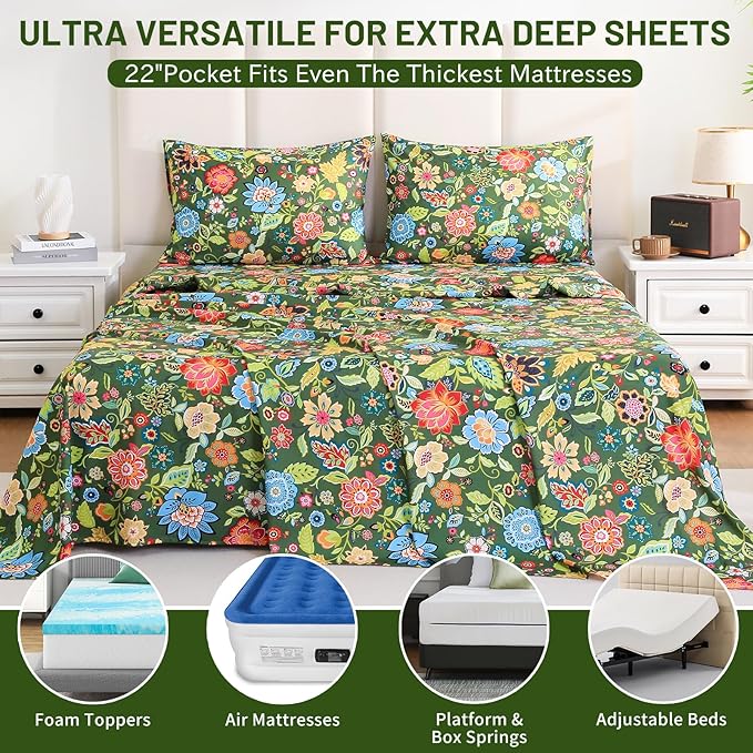 Bedlifes Extra Deep Pocket 18-24" King 4-Piece Sheet Set - Cooling Sheets Blend Rayon Derived from Bamboo Soft & Breathable Floral Dark Green