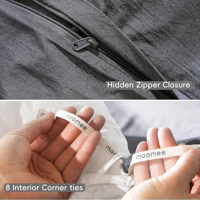 MooMee Bedding Duvet Cover Set 100% Washed Cotton Linen Like Textured Breathable Durable Soft Comfy (Heathered Dark Grey, Super Queen 90"x98")