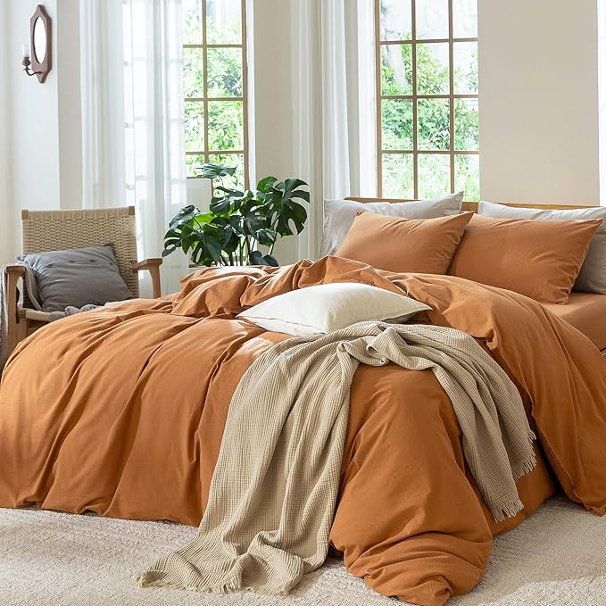 MooMee Bedding Duvet Cover Set 100% Washed Cotton Linen Like Textured Breathable Durable Soft Comfy (Solid Burnt Orange, Super Queen 90"x98")