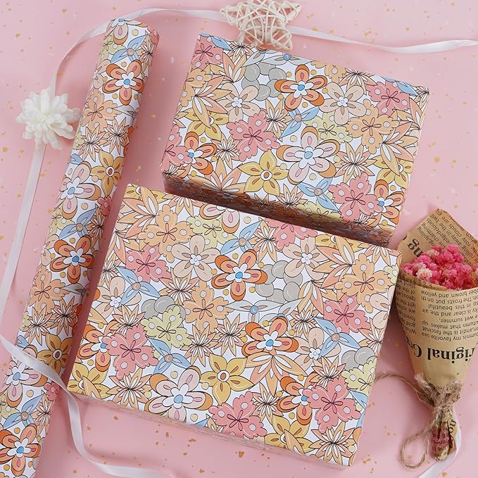 RayofSun Floral Wrapping Paper Roll 17 inch x 16.5 ft Mini Roll Boho Vintage Flower Gift Wrap All Occasion Wedding Birthday Bridal Shower Party Baby Shower Christmas