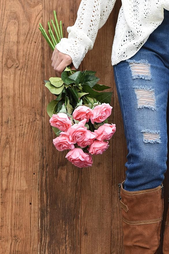 FiveSeasonStuff Fake Roses Wedding Flowers Real Touch Silk Pink Artificial Flowers 12 Stems