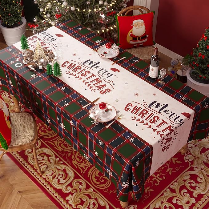 Christmas Rectangle Table Cloth,100% Waterproof Tablecloth,Christmas Decorations for Home, Vinyl Tablecloth Plastic Table Cover for Party,Picnic,Dining,Outdoor 54" x 102",Crimson Checked