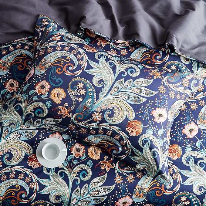 7 Piece Paisley Flower Comforter Set Bed in a Bag Set Queen Size Luxury Dark Blue Vintage Floral Boho Medallion Comforter Soft & Breathable Microfiber Bedding Set for Woman Adults