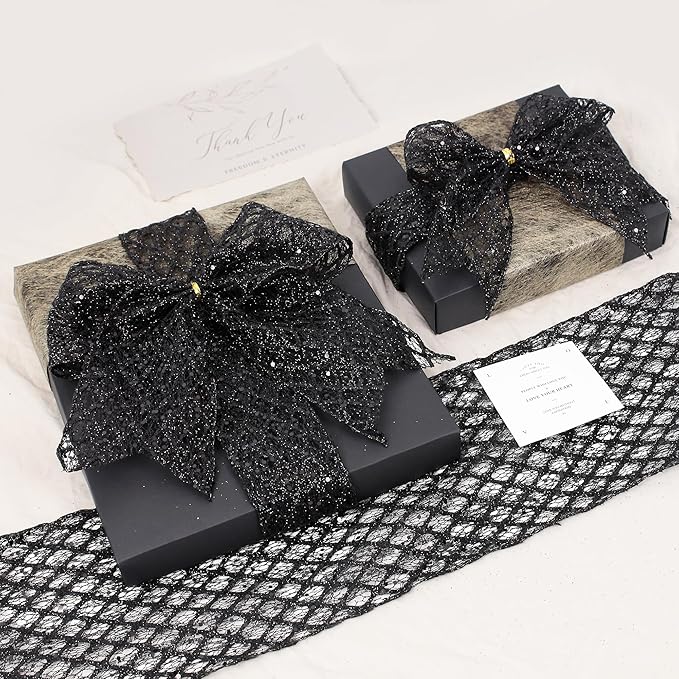 VATIN 6" Black Christmas Ribbon, Black Glitter Mesh Diamond Web Sequin Dots Wired Christmas Ribbon for Gift Wrapping Bow Making Wreath Supply-10 Yards