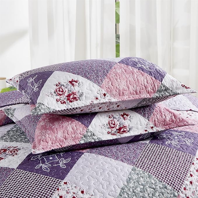 Dinjoy Purple Quilt Set King Size, Reversible Floral Plaid Patchwork Pattern Bedding Set Soft Microfiber Lightweight Bedspread Coverlet 3 Piece Spring Summer Use (104x90 inches)