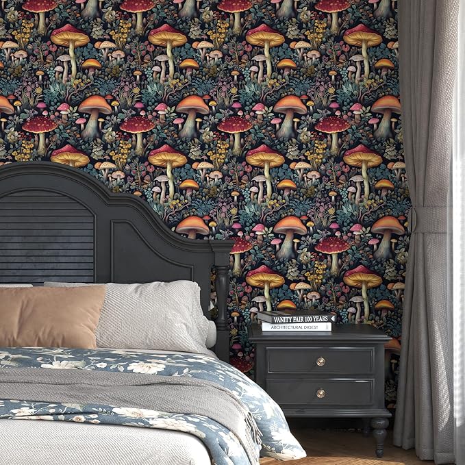 Mushroom Wallpaper Peel and Stick Floral Contact Paper Vintage Leaf Wall Paper for Bedroom Bathroom Countertop Removable Waterproof Black Colorful 17.5 x 196.5In