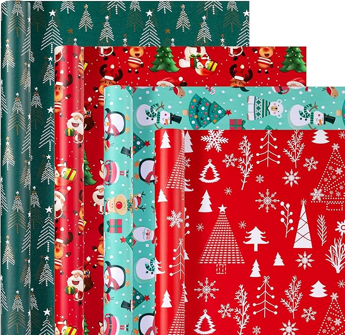 Christmas Wrapping Paper (4 Rolls, 148 sq. ft. ttl): Funny Snowmen, Snowflakes, Reindeer, Bear, Christmas Trees and Santa Claus with Gifts Design for Holiday Gift Wrap- 30 Inches x 14.8 Feet Per Roll