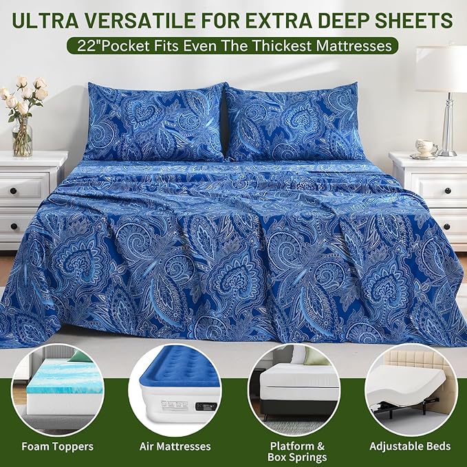 Bedlifes Extra Deep Pocket 18-24" King 4-Piece Sheet Set - Cooling Sheets Blend Rayon Derived from Bamboo Soft & Breathable,Featuring Paisley Dark Navy Blue