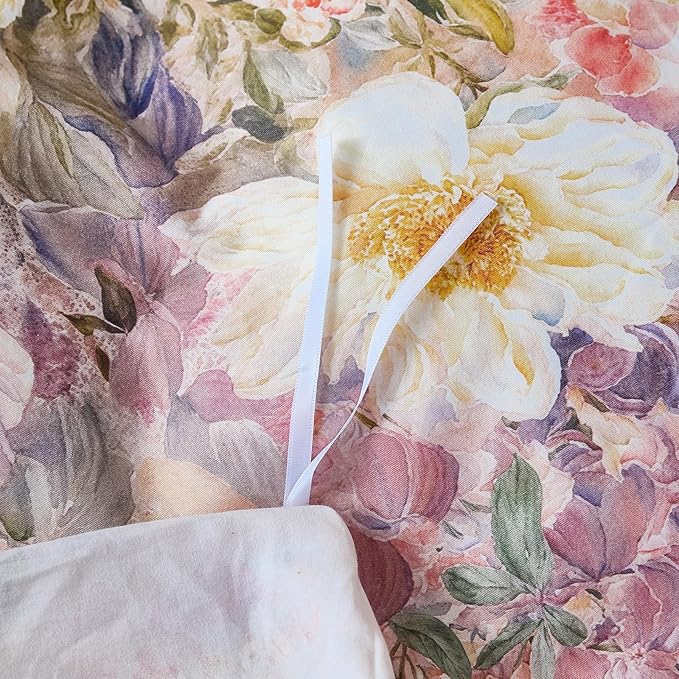 100% Cotton Duvet Cover King Size – Romantic Garden Impressionist Floral Duvet Cover Set with Zipper Closure, 3-Piece Luxury & Soft Bedding Set for All Seasons