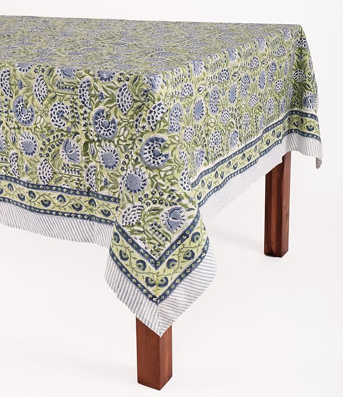 ATOSII Amara 100% Cotton Fall Tablecloth, Handblock Floral Print Rectangle Linen for Kitchen Dining I Parties Wedding Christmas Outdoors Easter I Spring Summer 72 X 140 Inches I 12 Seater