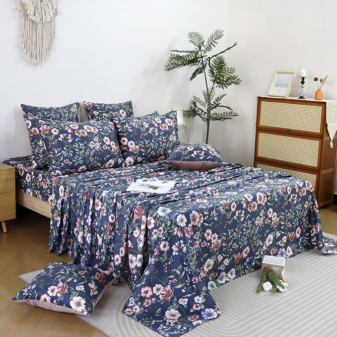 FADFAY Sheets Set King Vintage Dark Blue Floral Bedding Shabby Peony Floral Sheets Navy French Country Farmhouse Bedding 800 Thread Count 100% Egyptian Cotton Deep Pocket Fitted Sheet 4Pcs, King Size