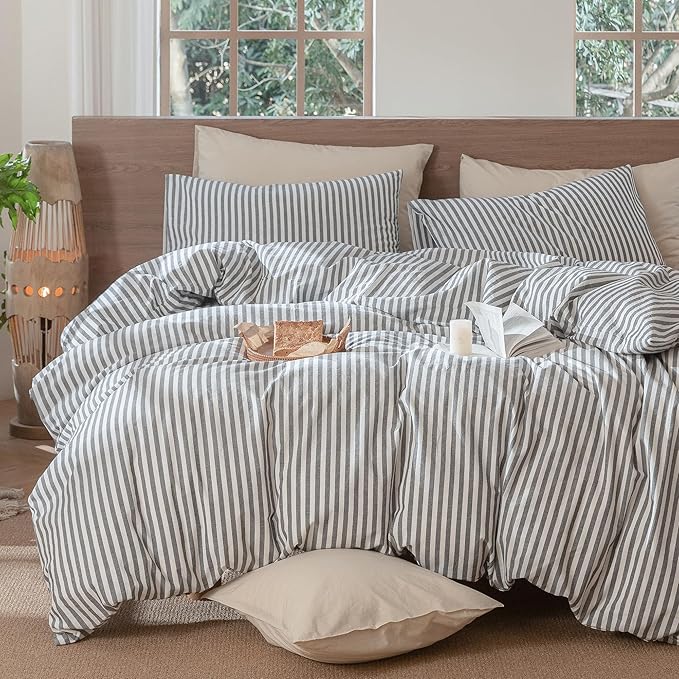 MooMee Striped Duvet Cover Set 100% Washed Cotton Linen Like Textured Breathable Durable Soft Comfy (Dark Grey White Classic Stripes, Full 80"x90")