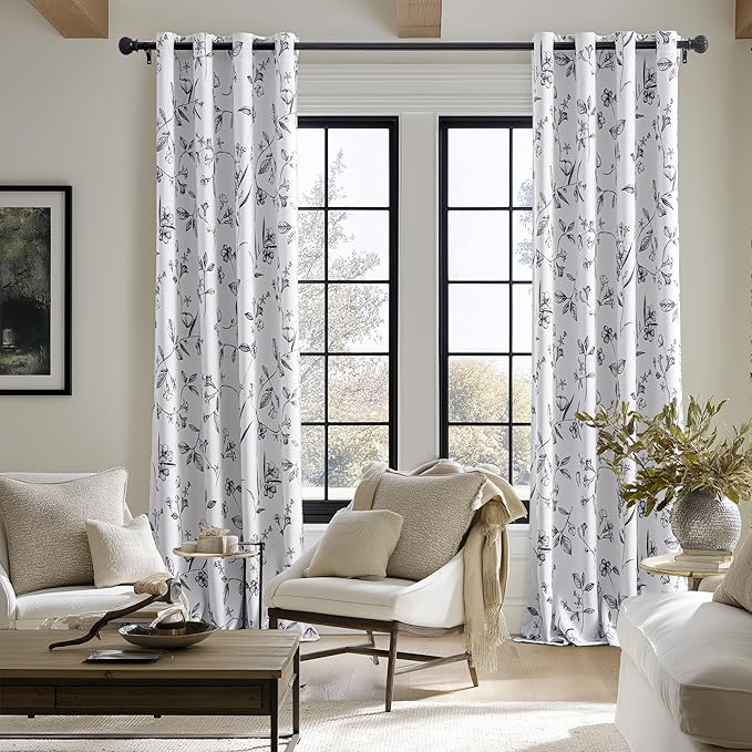 ChrisDowa 100% Blackout Floral Curtains 108 Inches Long 2 Panels for Bedroom Living Room Black Flower Patterned Room Darkening Thermal Insulated Soundproof Grommet Window Treatments Drapes,52X108