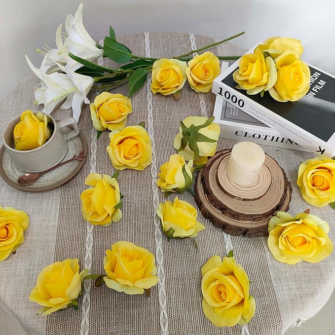 Artificial Satin Rose Flower Heads,42 Pcs Silk Rose Heads with Stems,3.5'' Rose Artificial Flowers Bulk,Artificial Rose Flower Heads for DIY Crafts Bouquet (42, Yellow)