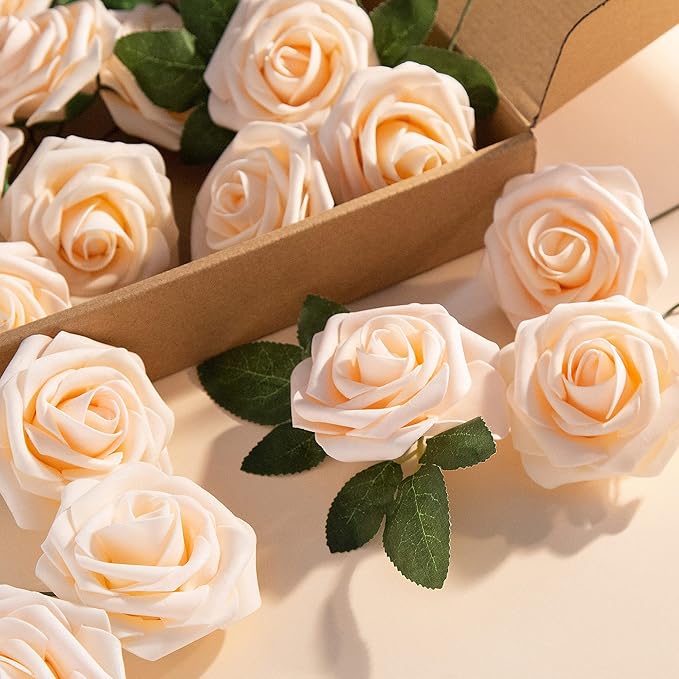 Artificial Flower Foam Rose 25pcs Real Looking Fake Rose with Stems Leaves for Home Decoration Party Garden Centerpieces DIY Wedding Bouquets(Blush)