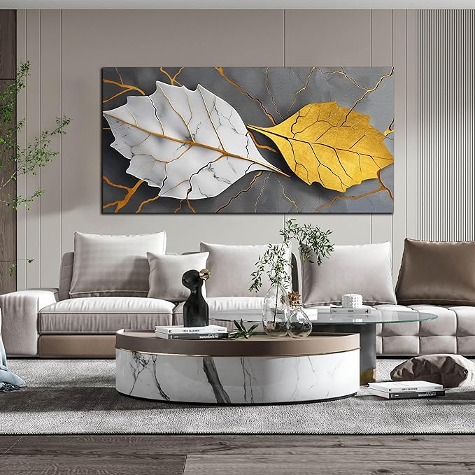 Large Canvas Wall Art for Living Room Bedroom Office Gold and White Leaves Picture Modern Canvas Prints Grey Abstract Framed Wall Decor Size 29x59