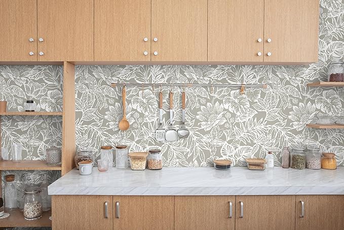 Peel and Stick Wallpaper Vintage Wall Paper Boho Contact Paper Bedroom Bathroom Wallpaper Peel and Stick Grey Brown Tropical Leaf Removable Self-Adhesive Wall Decor 17.3" x 394"