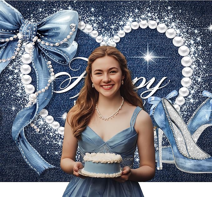 Denim and Diamonds Bow Backdrop 5Wx3H Photography Silver High Heels Happy Birthday Banner Pearl for Women Girls Background Blue Coquette Party Decorations Banner Photo Booth Props Supplies
