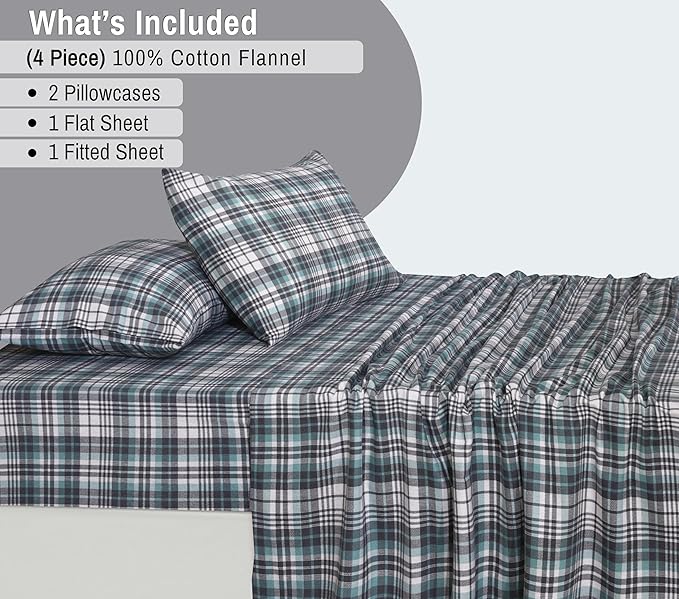 RUVANTI Flannel Sheets King Size - 100% Cotton Brushed King Size Sheets Set - Deep Pockets 16 Inches Bed Sheets - All Seasons Breathable & Extra Soft - Warm & Cozy, 4 Piece, Mint Grey