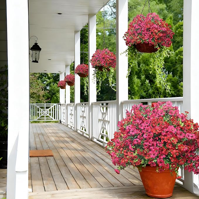 16 Bundles Artificial Flowers for OutdoorsâRealistic Silk Mums in Red & Rose Red Mix-UV Resistant Faux Flowers for Garden Yard Patio Porch Home Wedding DĂ©cor