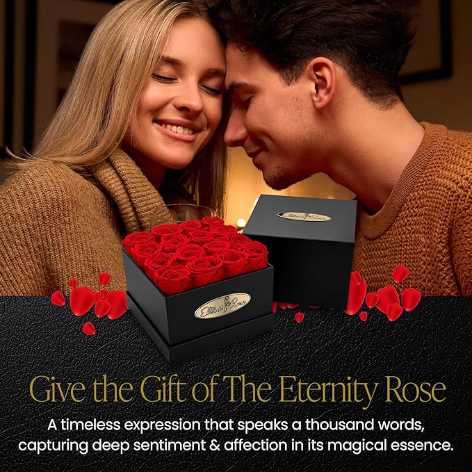 The Eternity Rose 16-Piece Preserved Roses in a Luxury Gift Box – Real Roses in Square Black Box – A Valentine’s Gift as Everlasting as Your Love