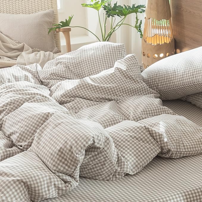 MooMee Gingham Duvet Cover Set 100% Washed Cotton Linen Like Textured Breathable Durable Soft Comfy Modern Checkered Design (Mini Gingham Tannish Linen Grey, Palatial King/Oversized King 120"x98")