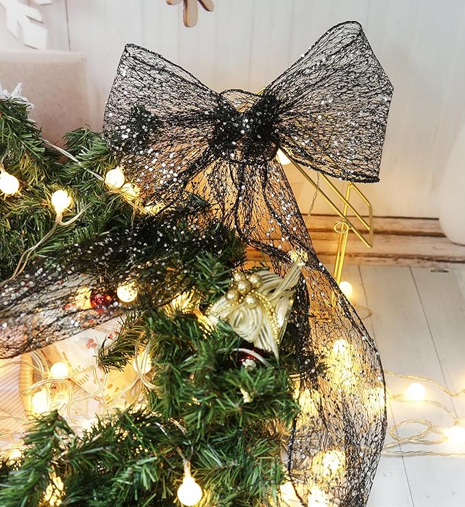 CT CRAFT LLC Sparkling Glitter Mesh Wired Ribbon 6" x 10 Yards Black for Christmas Home Decor Bow Gift Wrapping DIY Crafts Wreath