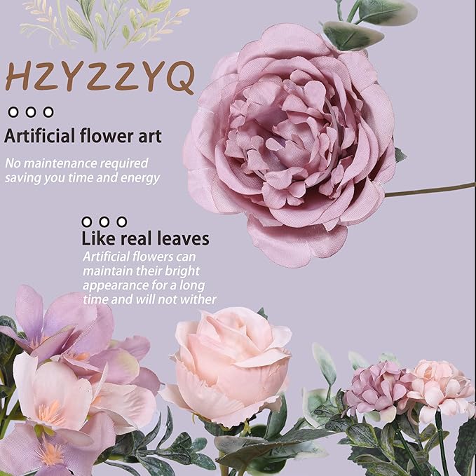 8 Pack Artificial Peony Flowers, Silk Peonies Flowers Fake Peonies Artificial Flowers Peonies Hydrangea Bouquet for Centerpiece Table Wedding Party Home Decor (8, Purple + Pink)