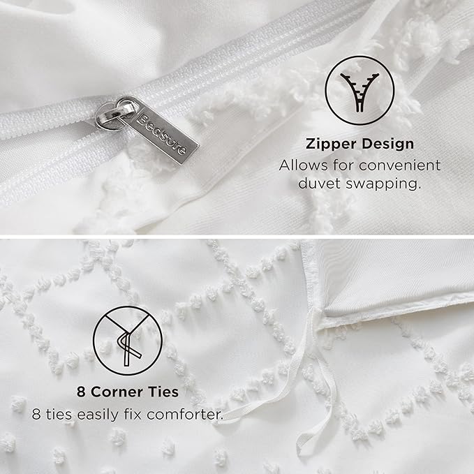 Bedsure Boho Duvet Cover King Size - Boho Bedding, Tufted King Duvet Cover for All Seasons, 3 Pieces Embroidery Shabby Chic Home Bedding,Comforter Not Included (White, 104" x 90")