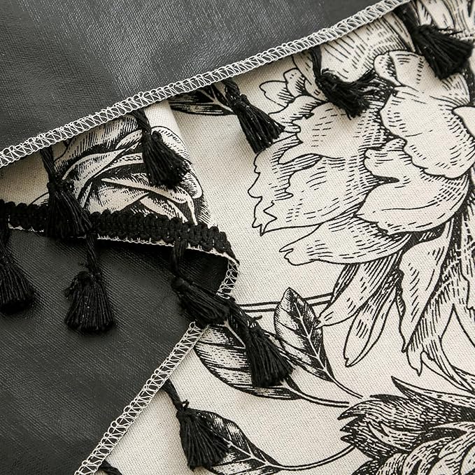100% Blackout Black Floral Farmhouse Curtains Living Room Thermal Insulated Drapes Elegant Peony Pattern & Tassel Curtains 2 Panels Blocking Curtains for Windows Floral Drapes (52W*63L)