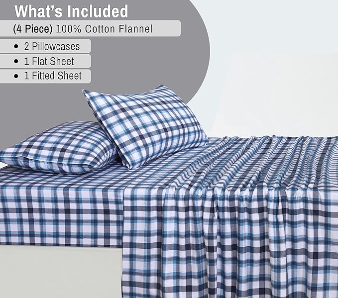 RUVANTI Flannel Sheets Queen Size - 100% Cotton Double Brushed Bed Sheets, Deep Pockets 16 Inches Queen Sheet Set, All Seasons Breathable & Extra Soft - Warm & Cozy, 4 Piece, Gingham Addition