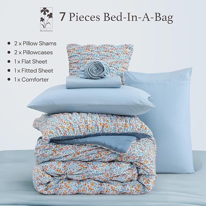 Full Size Comforter Sets-7 Pieces Puff Marigold Blue Floral Bedding Set for All Seasons, Shabby Chic Farmhouse Bed in a Bag Full with Floral Comforter, Sheets, Pillowcases & Shams