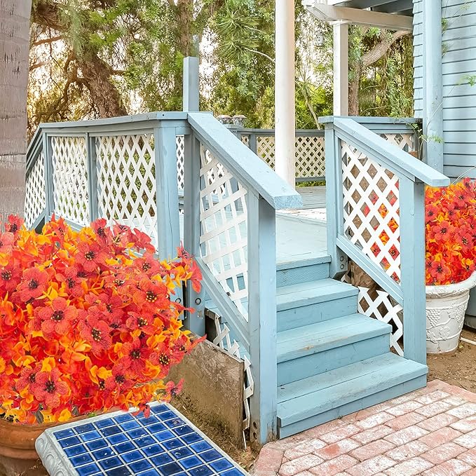 12 Bundles Artificial Fall Flowers Fake Plastic Plants Indoor Outside Hanging Planter No Fade Faux Autumn Plants Thanksgiving Christmas Wedding Party Home Garden Fireplace Décor (Gold Yellow)