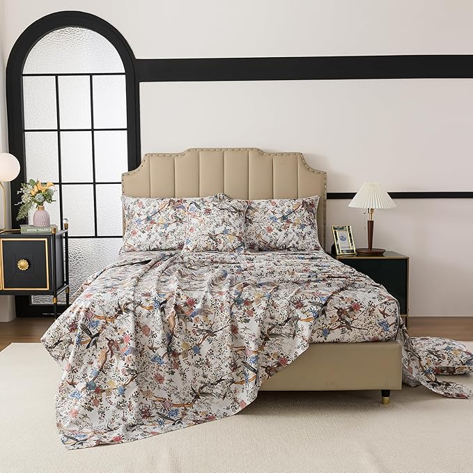 FADFAY Sheets Set Queen Botanical Bird Floral Bed Sheets Set Vintage Mocha Mousse Farmhouse Bedding Shabby Branches Bedding 100% Egyptian Cotton Breathable Soft 17.7" Deep Pocket 4Pcs, Queen Size