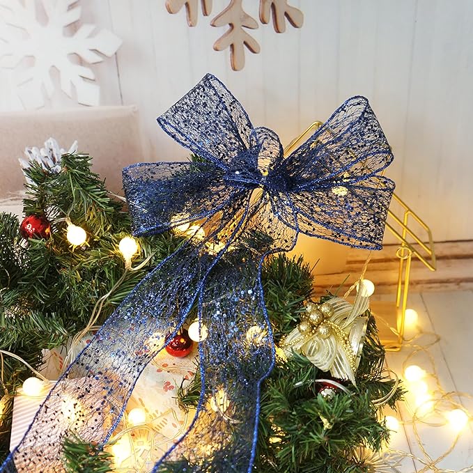 CT CRAFT LLC Sparkling Glitter Mesh Wired Ribbon 2.5" x 10 Yards Blue Navy for Christmas Home Decor Bow Gift Wrapping DIY Crafts Wreath