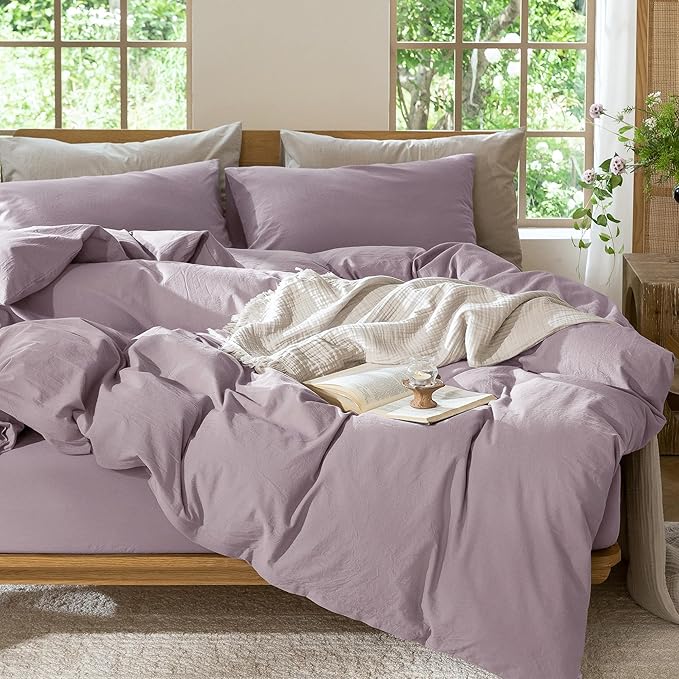 MooMee Bedding Duvet Cover Set 100% Washed Cotton Linen Like Textured Breathable Durable Soft Comfy (Solid Taro Purple, Super Queen 90"x98")