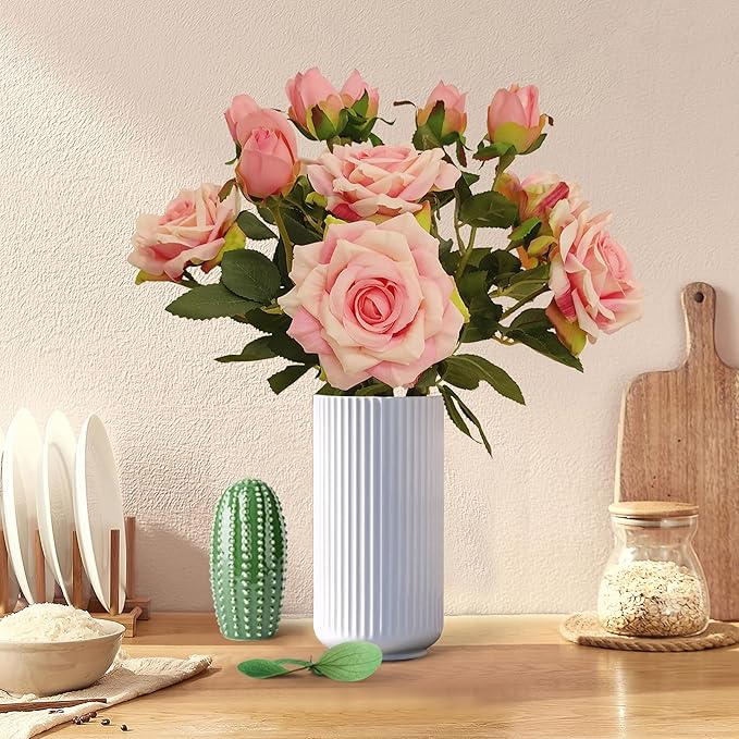 ATFL Fake Pink Roses Flowers, 6 Pcs Faux Silk Real Touch Moisturizing Artificial Pink Rose Flowers for Decoration DIY, Wedding Party, Home Office Decoration and Dining Table Centerpiece (6, Pink)