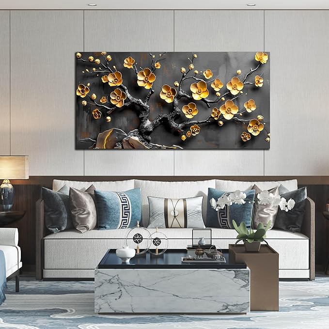 Large Canvas Wall Art for Living Room Bedroom Home Office Grey and Gold Metal Color Plum Blossom Picture Modern Canvas Prints Framed Wall Decor Size 29x59