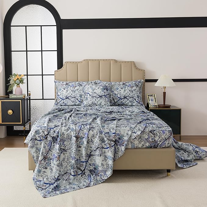 FADFAY Sheets Set Cal King Shabby Botanical Bird Floral Bed Sheets Set Vintage Blue Branches Bedding Collections 100% Egyptian Cotton Breathable Soft 17.7" Deep Pocket 4Pcs, California King Size