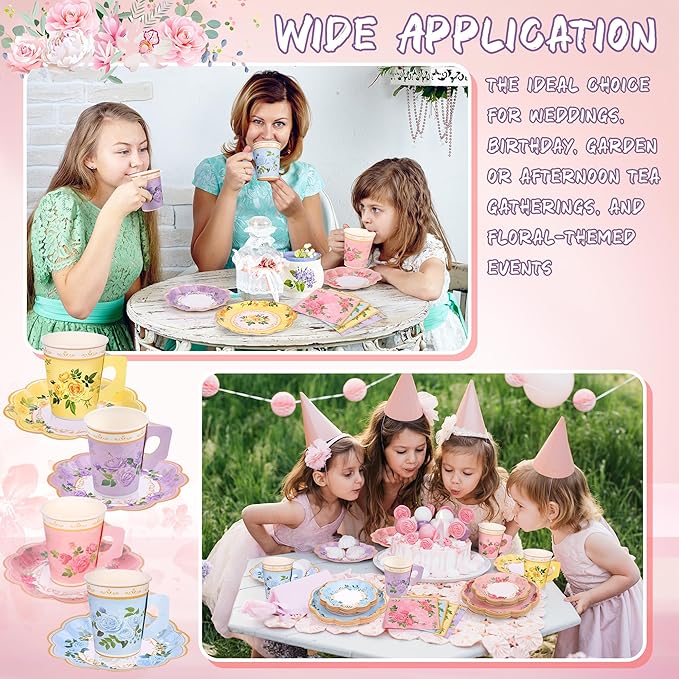96 Piece Floral Paper Tea Cups and Saucers 9 Oz Teacup with Handle 9 Inch and 7 Inch Paper Plate Napkin Disposable Tea Party Supplies Serve 24 for Wedding Birthday, Pink, Blue, Yellow, Purple