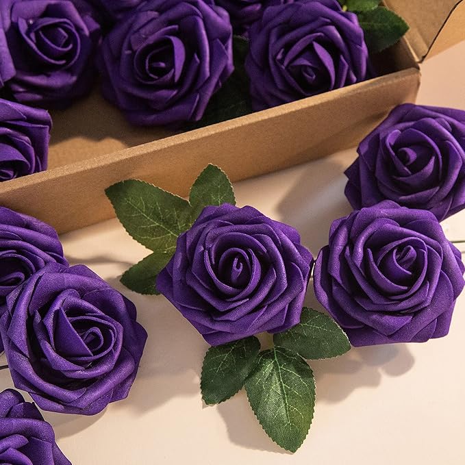 Artificial Flower Foam Rose 25pcs Real Looking Fake Rose with Stems Leaves for Home Decoration Party Garden Centerpieces DIY Wedding Bouquets(Purple)