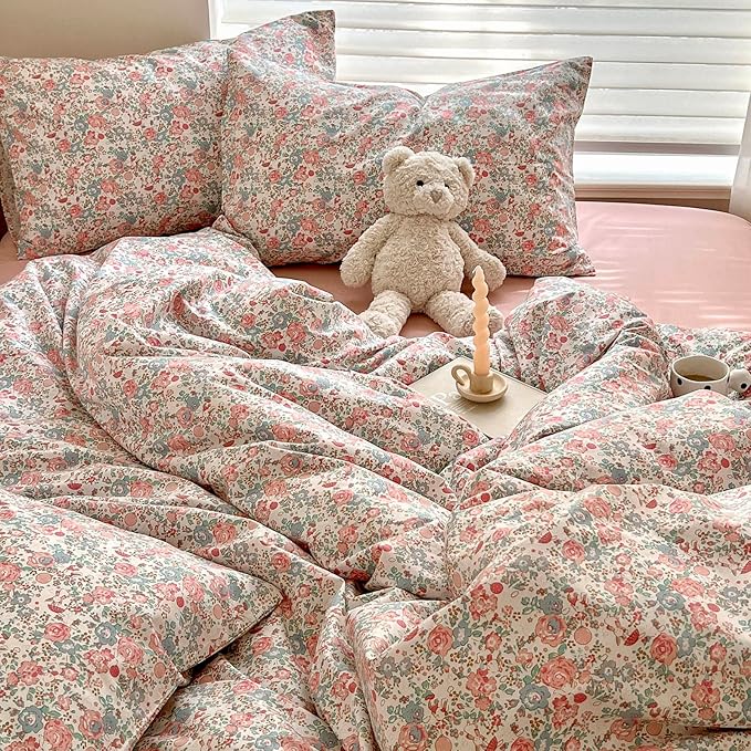Vintage Floral King Size Comforter Set Fluffy Soft Girl Pink Floral Bedding Comforter French Style Aesthetic Flowers Botanical Comforter with 2 Pillowcases Farmhouse Boho Comforter Set King Comfy Soft