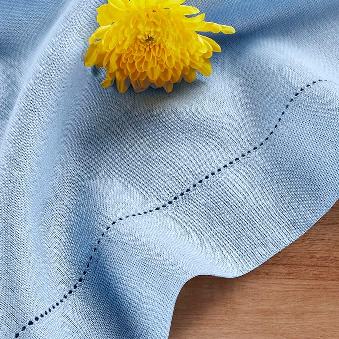 Solino Home Linen Cornflower Blue Table Runner 144 Inches Long - 100% Pure Linen Hemstitch 14 x 144 Inch Table Runner for Dining, Winter, Spring, Easter - Classic Hemstitch
