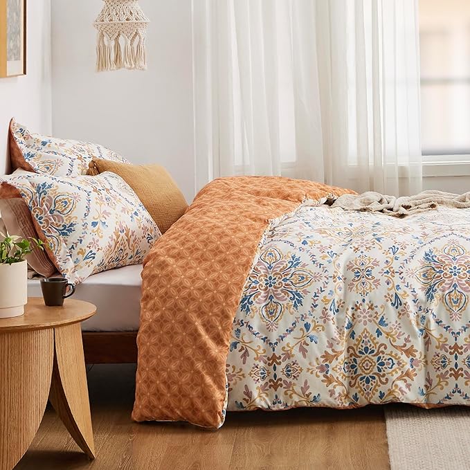 Bedsure Duvet Cover Queen Size - Reversible Floral Duvet Cover Set with Zipper Closure, 3 Pieces Bohemian Orange Bedding Set with 8 Corner Ties and 2 Pillow Shams 20"x26"