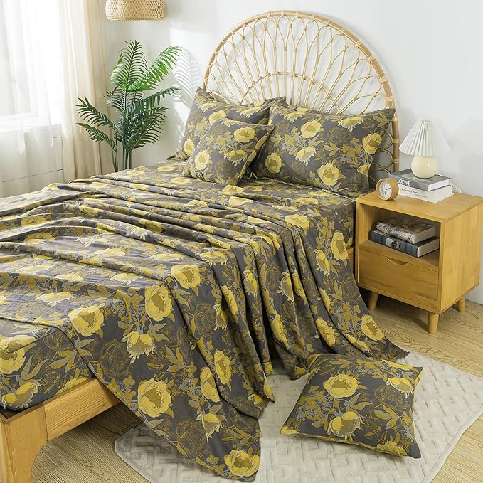 FADFAY Floral Sheets Set Queen Vintage Grey Yellow Floral Bedding Shabby Peony Farmhouse Bedding Super Soft Washed Double -Layer Muslin Sheets 100% Cotton Deep Pocket Fitted Sheet 4Pcs, Queen Size