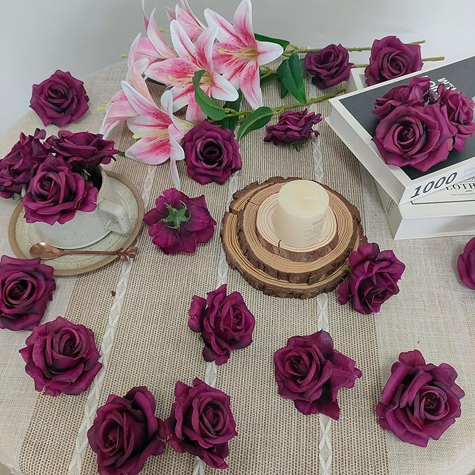 Artificial Satin Rose Flower Heads,48 Pcs Silk Rose Heads with Stems,3.3'' Rose Artificial Flowers Bulk,Artificial Rose Flower Heads for DIY Crafts Bouquet (48, Burgundy)