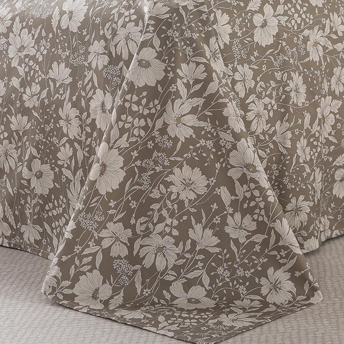 FADFAY 100% Cotton Floral Bed Sheet Set King, Mocha Mousse Botanical Bedding Set, Soft Breathable 4 Piece Cotton Sheets with Deep Pocket Fitted Sheet, Flat Sheet & 2 Pillowcases, Vintage Style