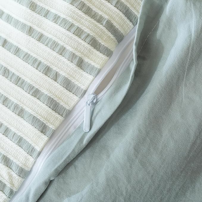 Striped Duvet Cover Queen Washed Microfiber Jacquard 3 Pieces Bedding Set, White Grayish Green Vertical Ticking Stripes Pattern Comforter Cover with Zipper Closure Breathable Durable Soft Comfy