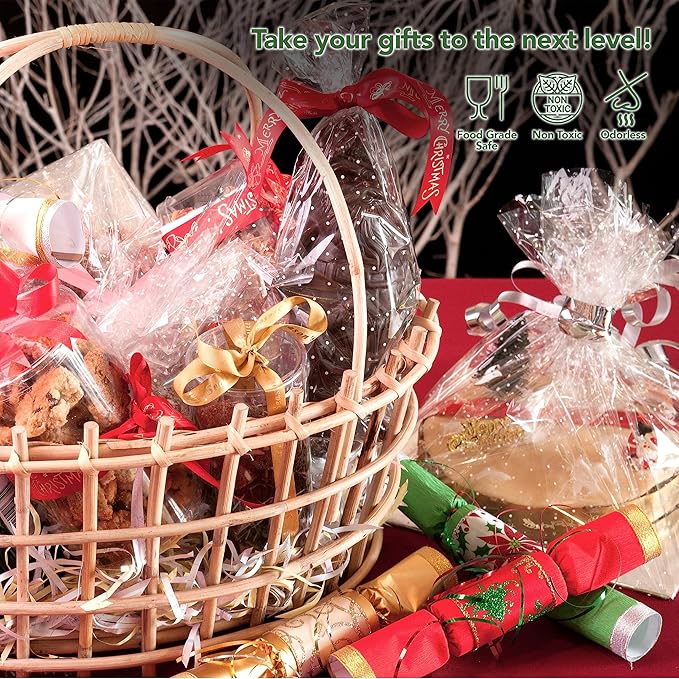 Extra Large Cellophane Gift Bags 18 x 30 Inch (12 Pack) — Clear Basket Wrap Bags for Gift Baskets, Holiday Packaging, Party Favors, DIY Gifts (Ribbon & Basket Not Included)